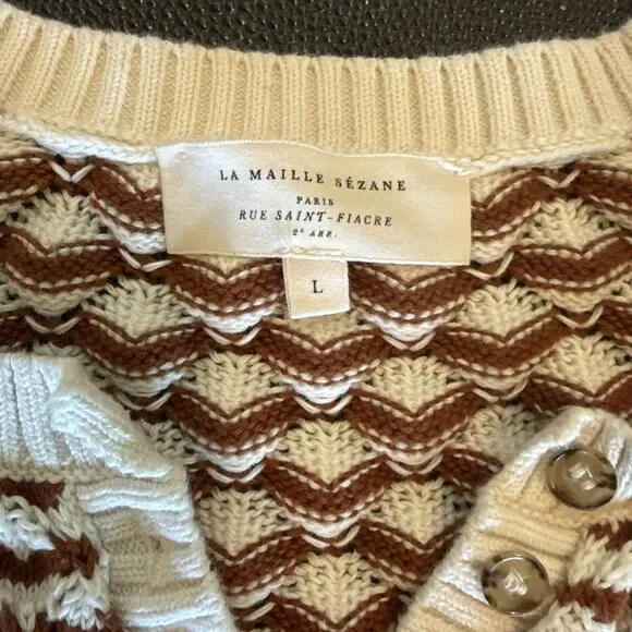 Sézane Mae Jumper Brown Ecru Knit Short Sleeve Puff Sleeve Size Large - Picture 3 of 9
